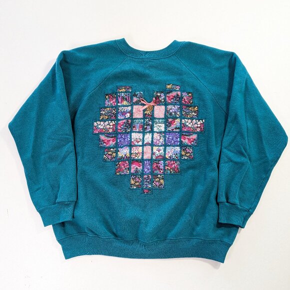 Sweaters - Teal Patchwork Heart Crewneck Sweatshirt